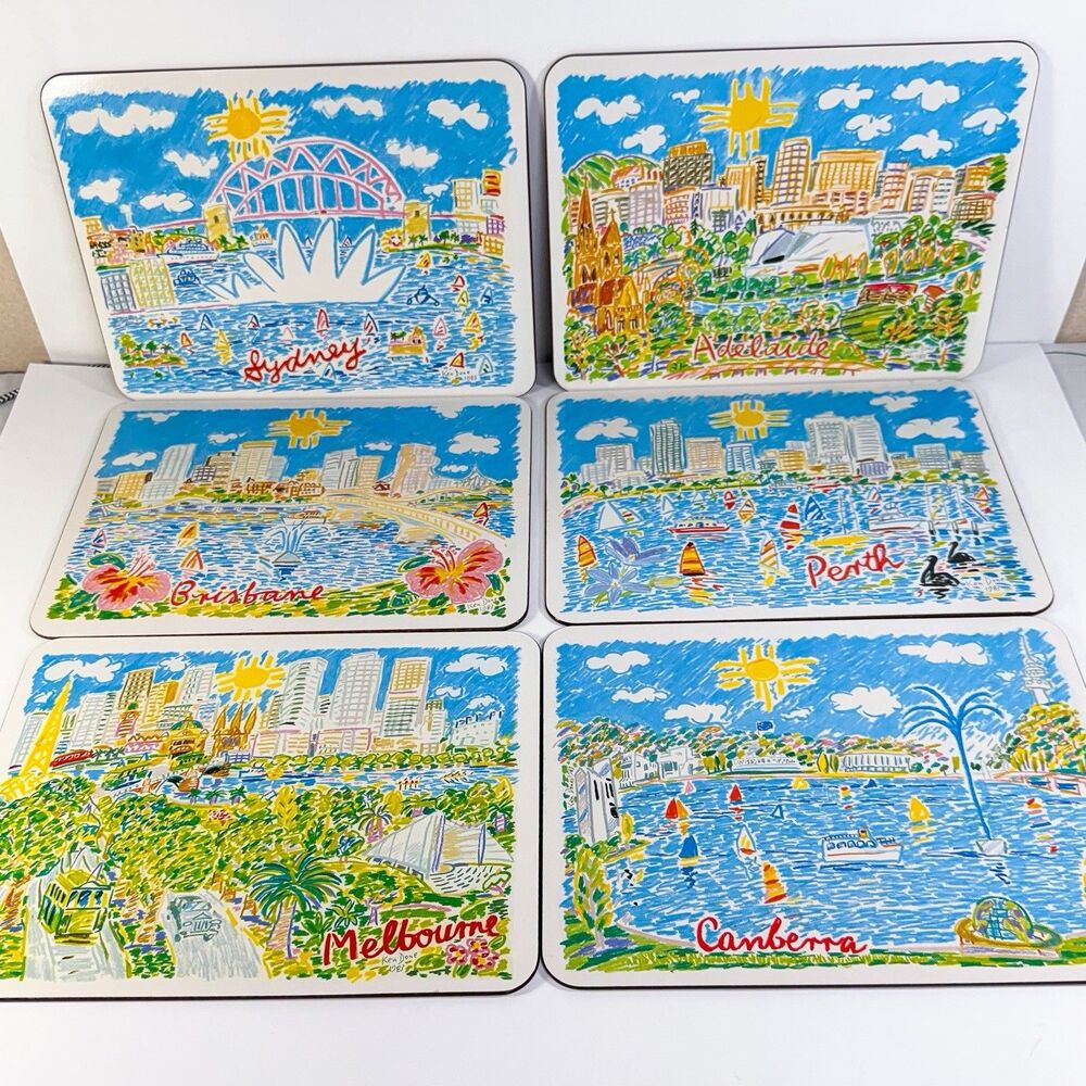1983 Ken Done Australian City Placemats Trivets Set Sydney Melbourne Perth